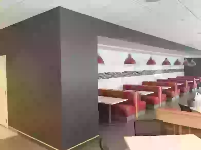 Newly painted blue walls in a restaurant. 